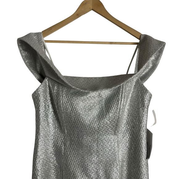 Mestiza New York Mona Silver Metallic Tweed Off the Shoulder Formal Gown 14 - Picture 5 of 12